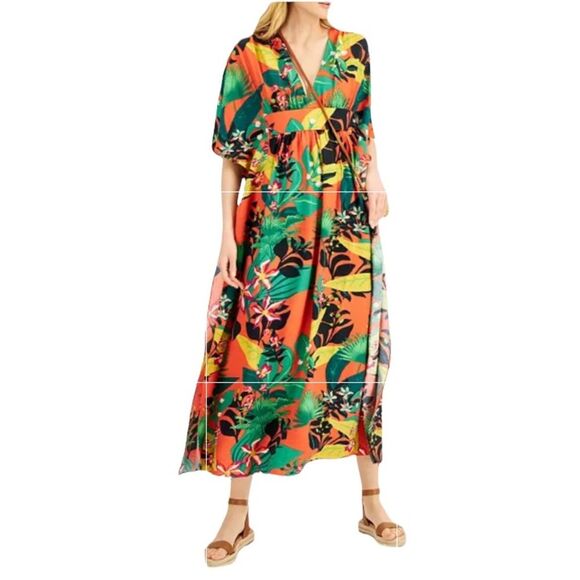 INC International Concepts Tropical Print Caftan Dress Kimono Sleeves Sz PS - Picture 1 of 12